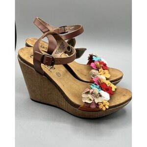 Bios Step Leather Fabric Flower Wooden Wedge Sandals Brown Size 7.5 Whimsical